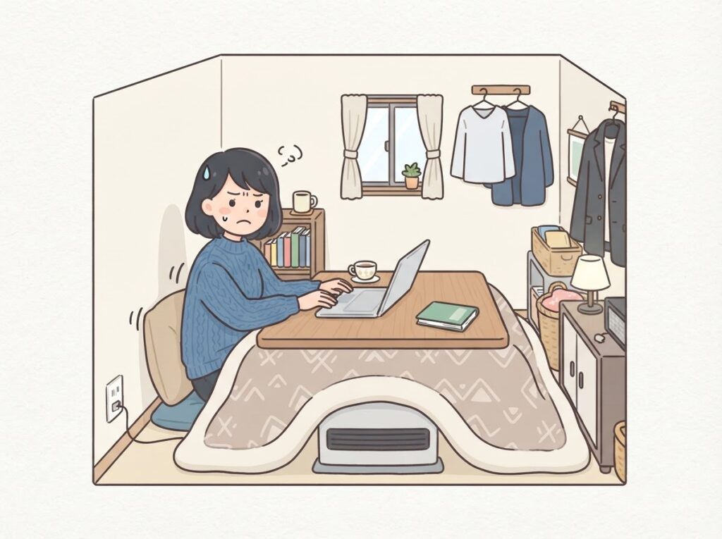 こたつで部屋が狭くなり困る女性