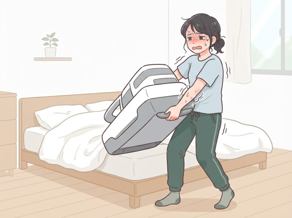 布団クリーナーが重くて疲れる女性