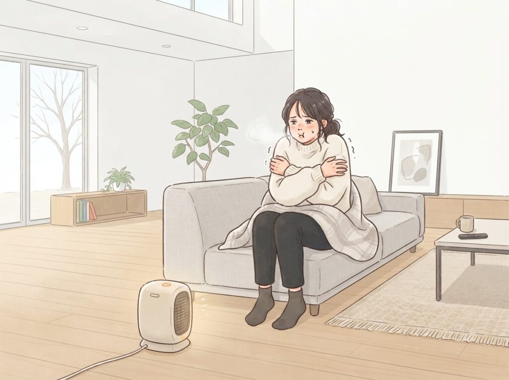 広い部屋が暖まらず寒がる女性