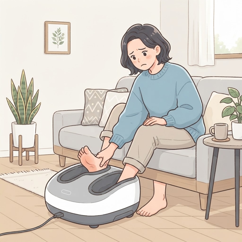 フットマッサージャーでは物足りず手で足裏を押す女性