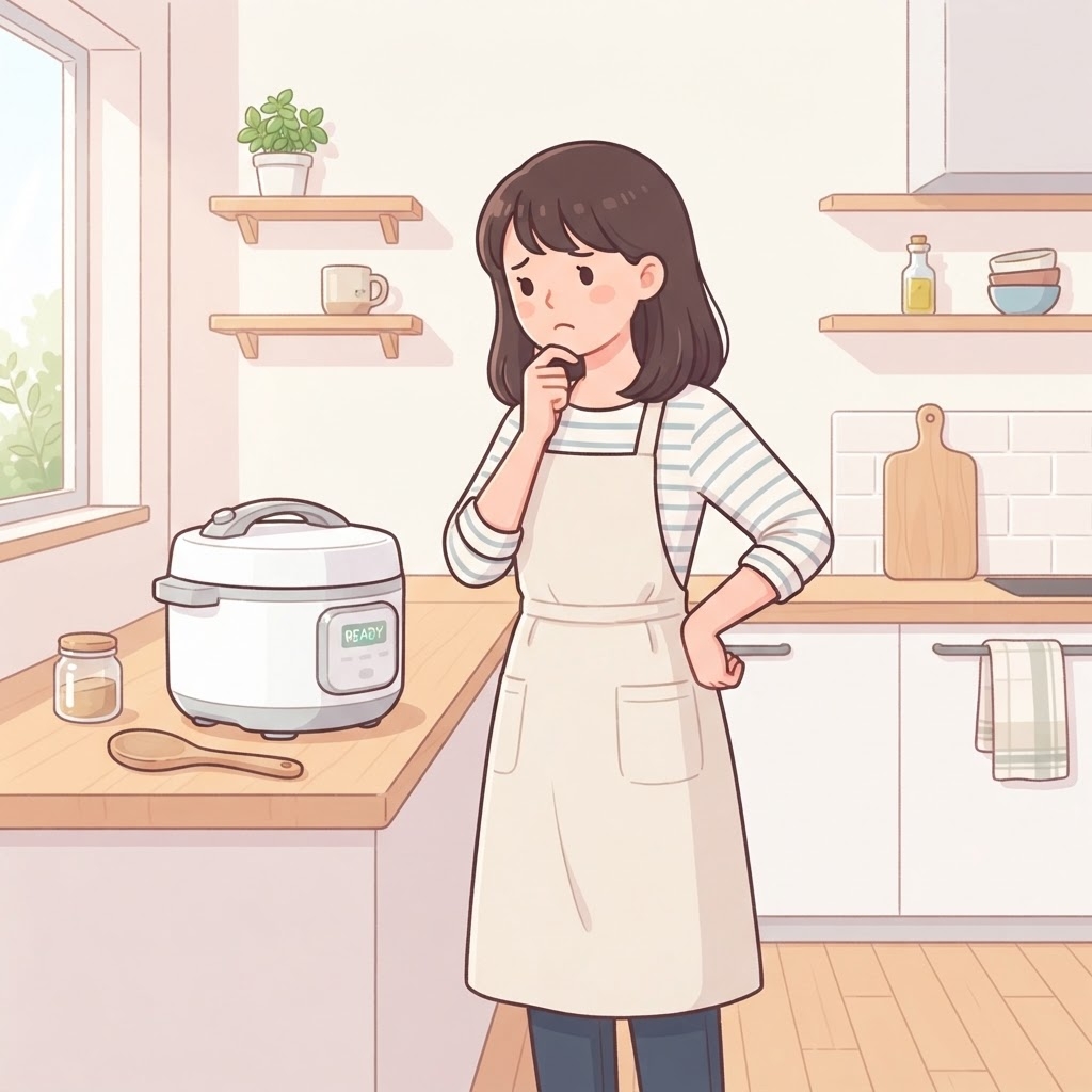 キッチンで電気圧力鍋を前に悩む女性