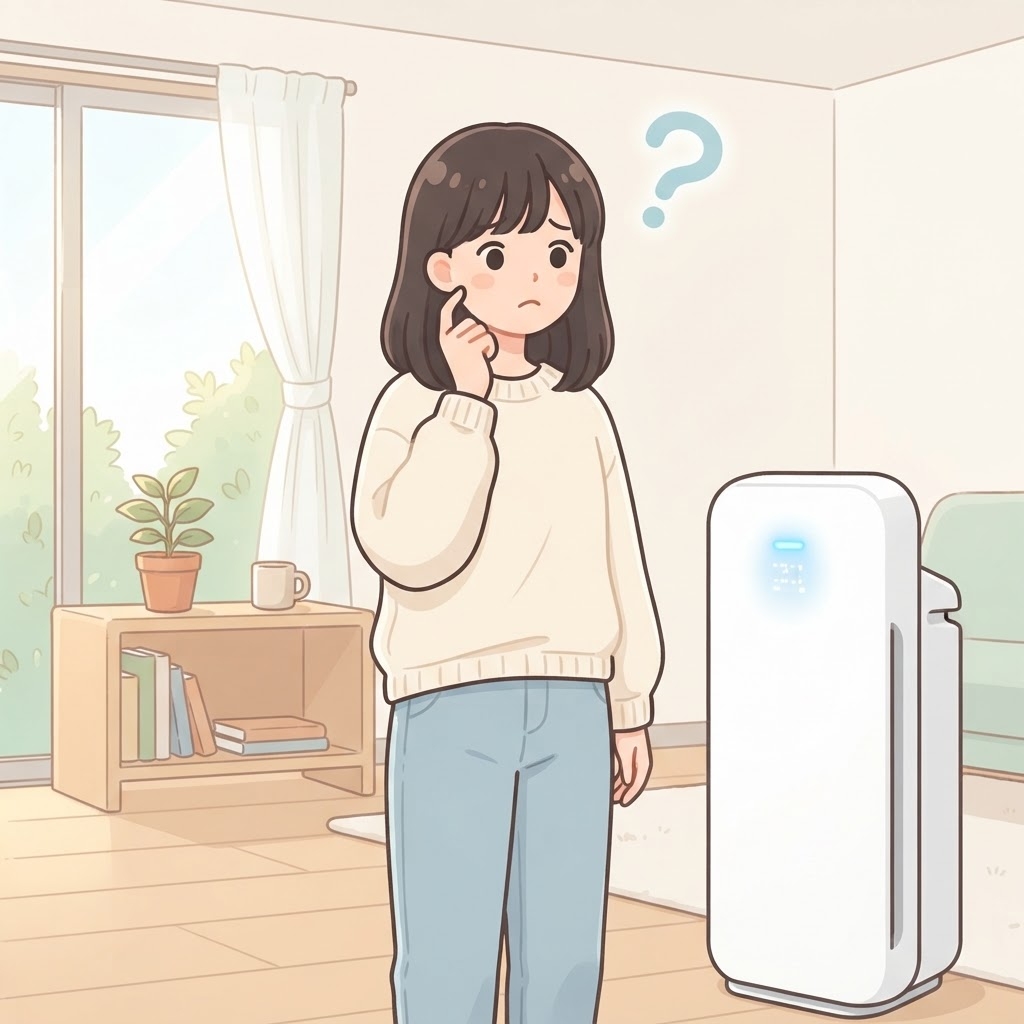 空気清浄機を見て効果を疑い首をかしげる女性