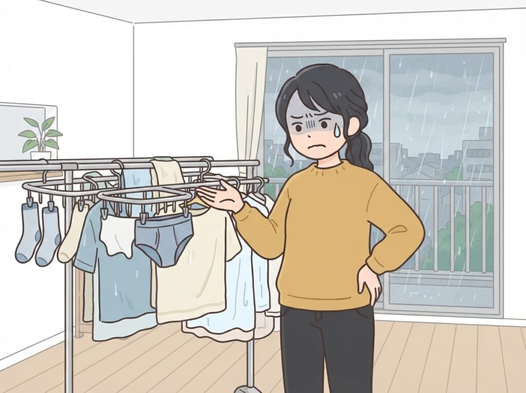 部屋干しが乾かず困る女性