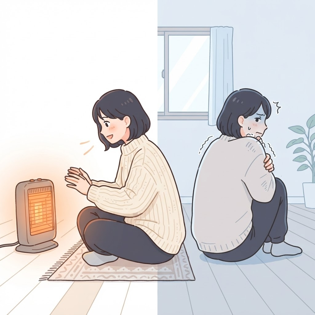 ハロゲンヒーターは部屋全体が暖まらないことに気づく女性