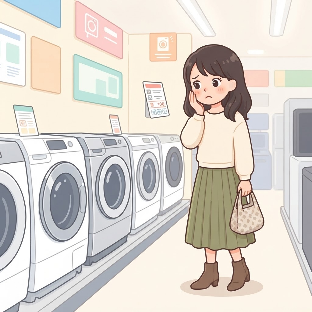 家電量販店で洗濯機の価格を見て悩む女性