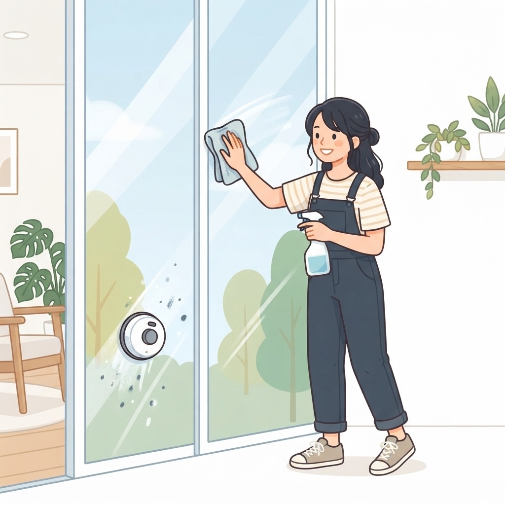 窓拭きロボットの拭き残しを手で仕上げる女性