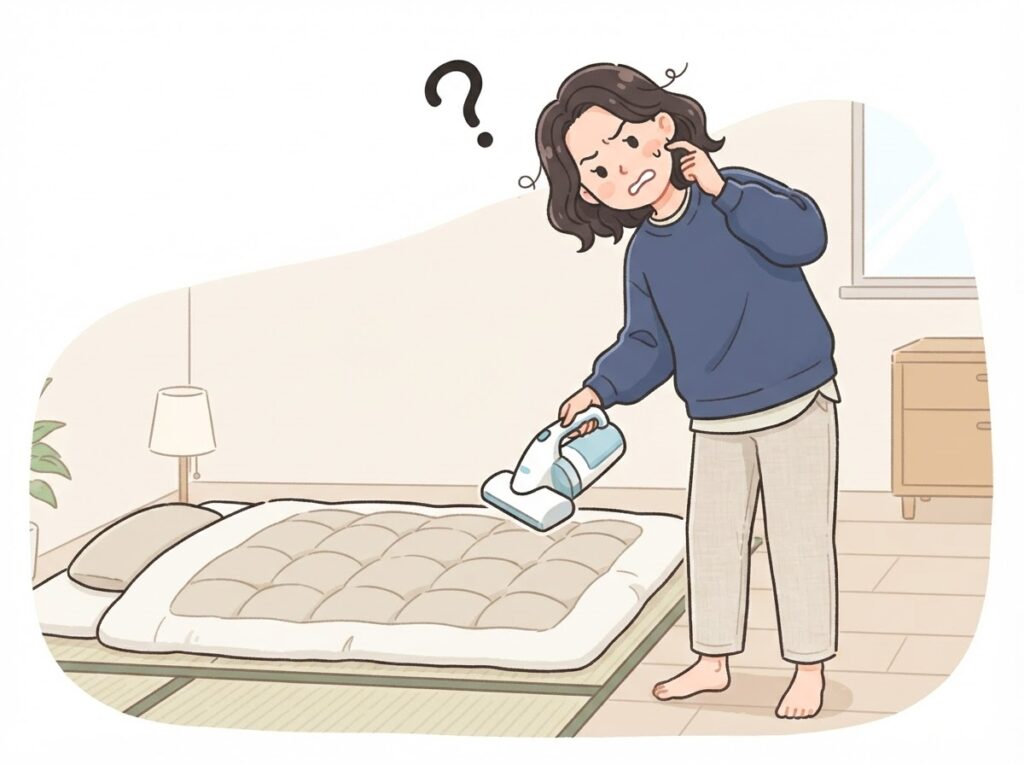 布団クリーナーの効果に疑問を持つ女性