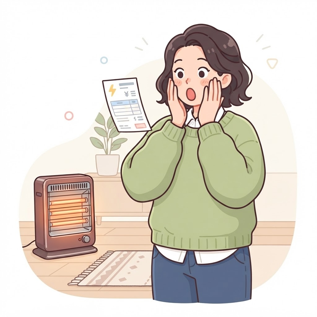 ハロゲンヒーターの電気代に驚く女性
