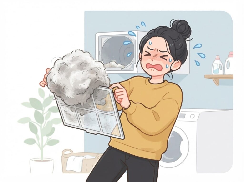 乾燥機のフィルター掃除にうんざりする女性