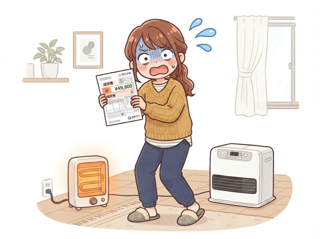 暖房の電気代に驚く女性
