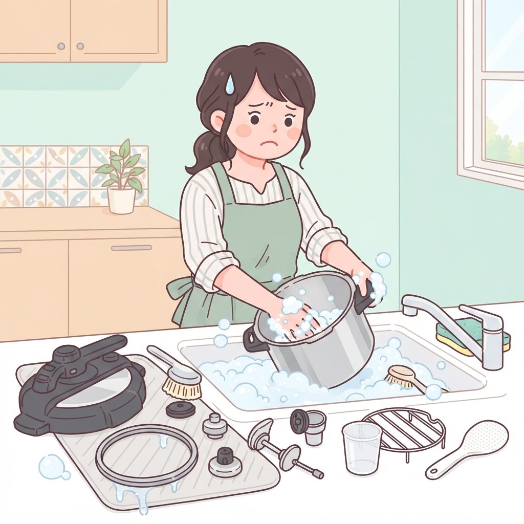 電気圧力鍋のパーツを洗って大変そうな女性