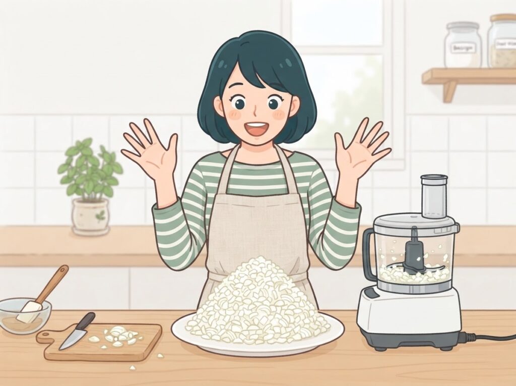 玉ねぎをすぐみじん切りにできて喜ぶ女性
