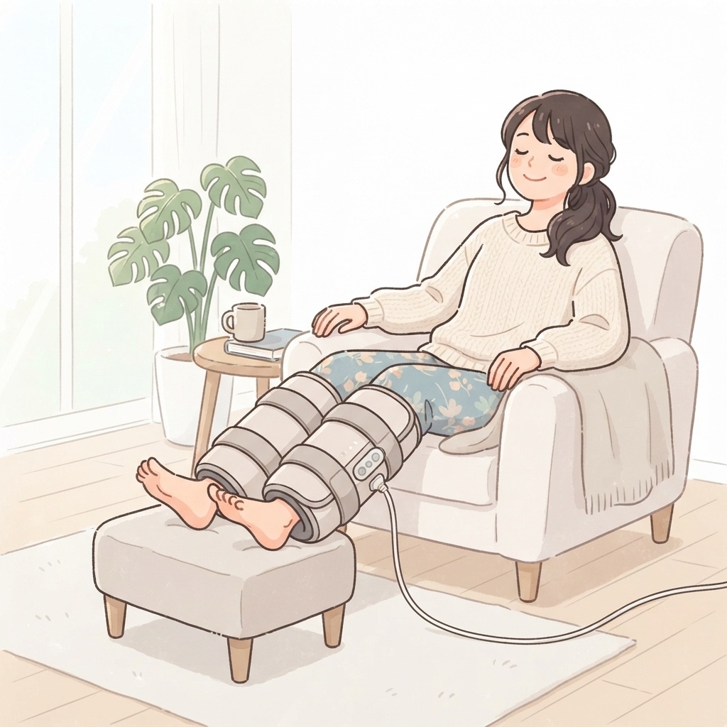 ふくらはぎまでケアできるフットマッサージャーを使う女性
