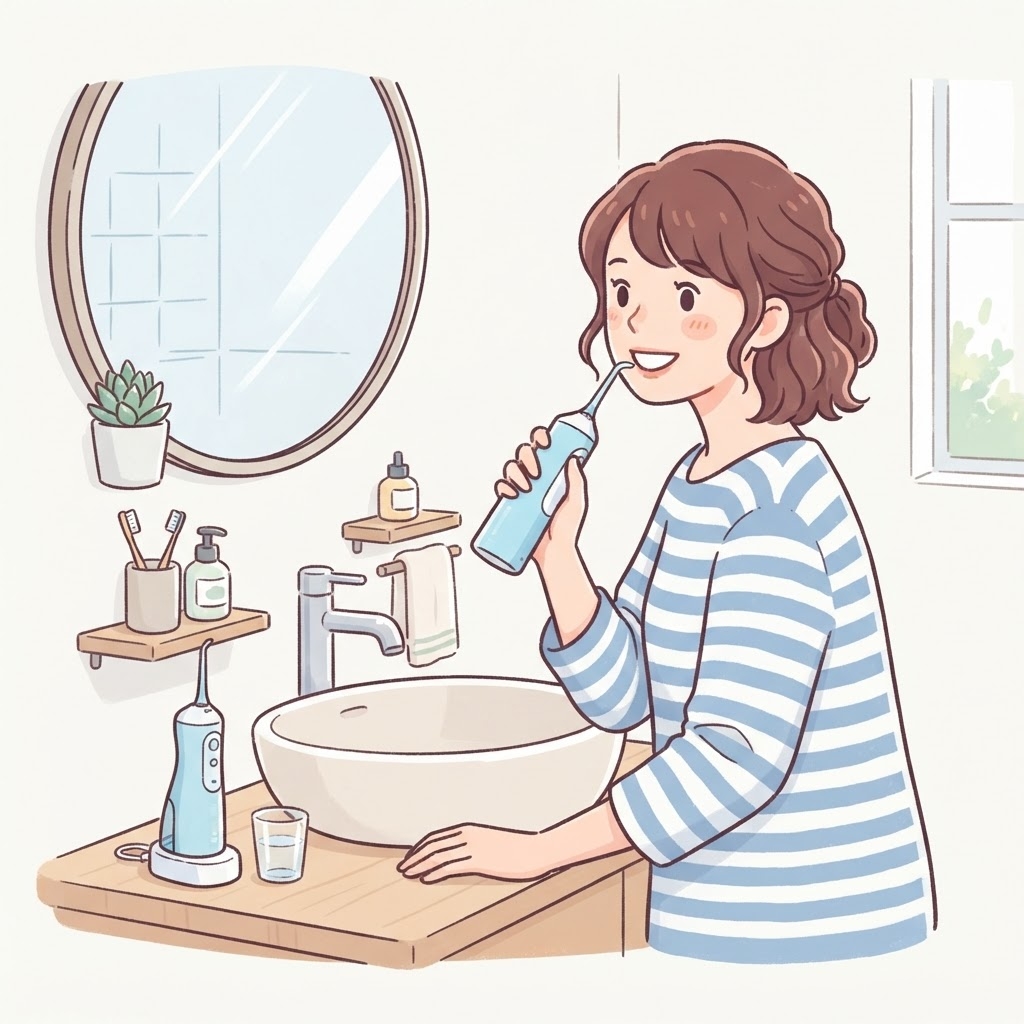 コードレス口腔洗浄器を使う女性