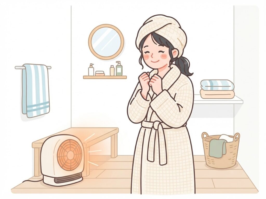 脱衣所でヒーターを使い暖まる女性