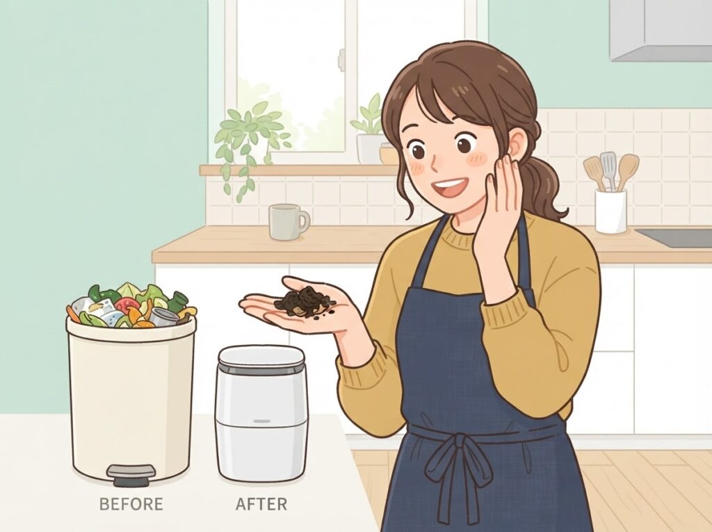 乾燥して小さくなった生ゴミに驚く女性