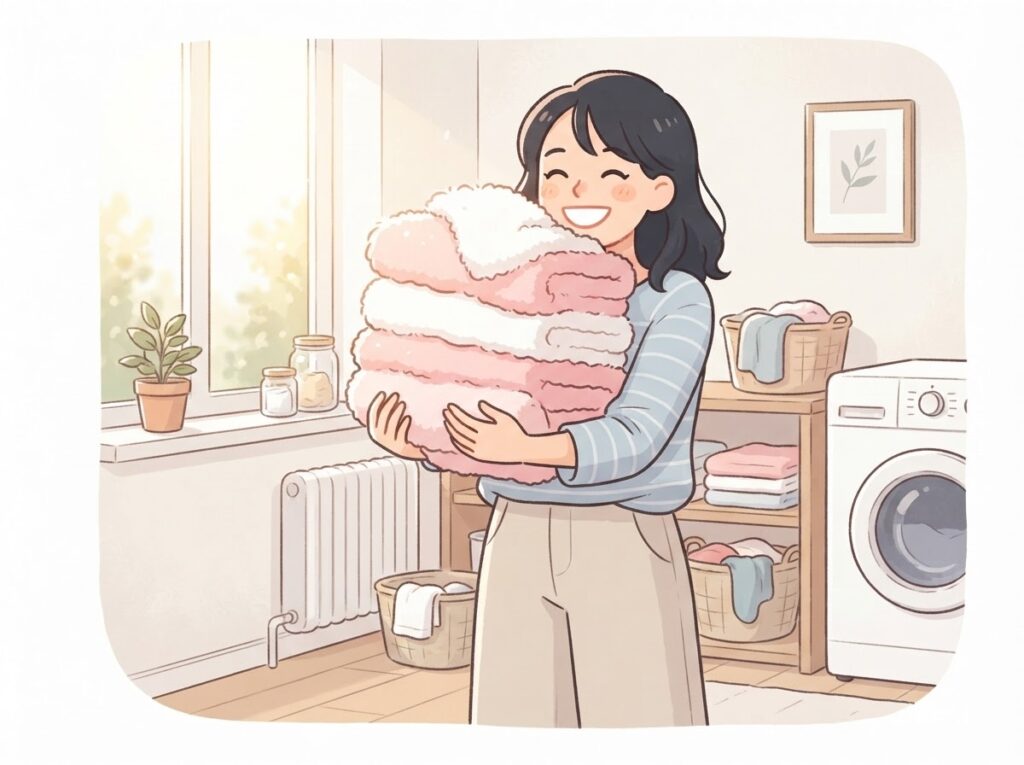 ふわふわに乾いたタオルを抱える女性