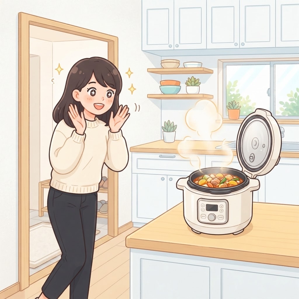 予約調理で料理が完成して喜ぶ女性