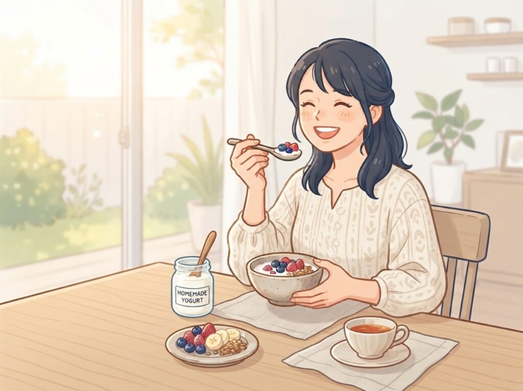 手作りヨーグルトを楽しむ女性