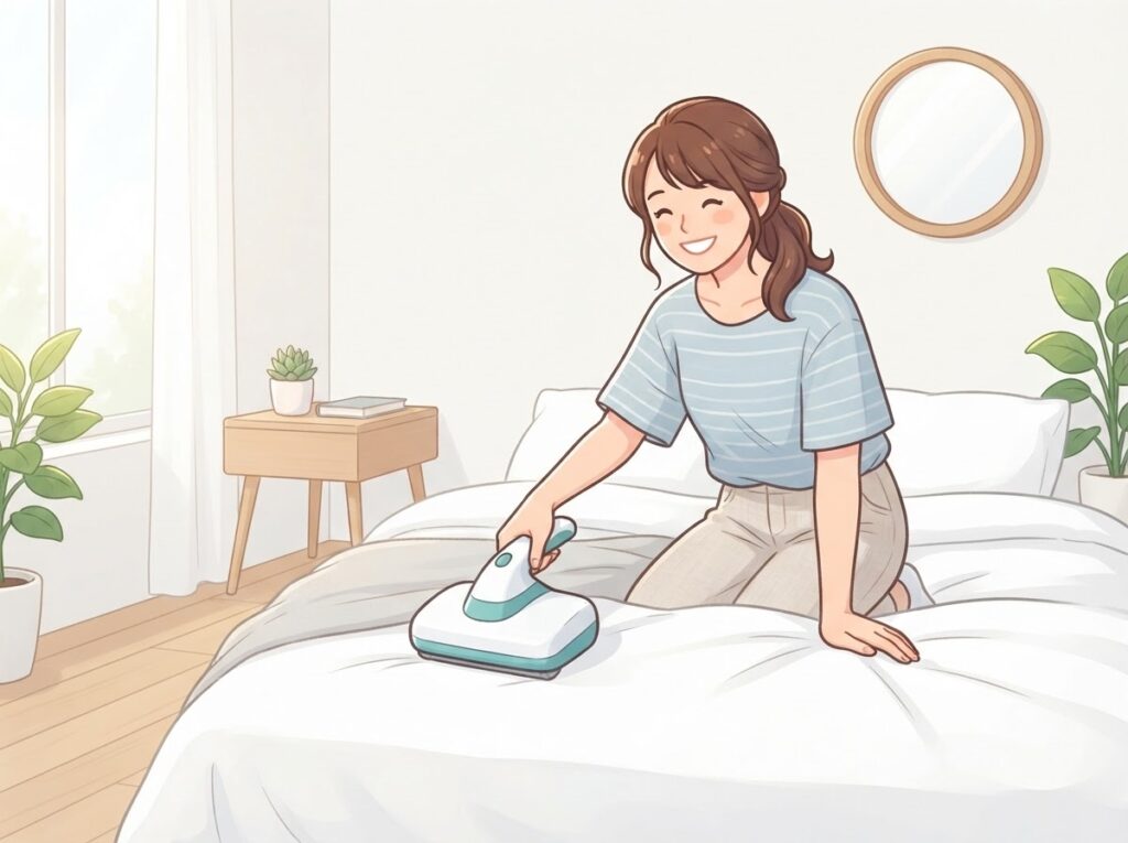 軽い布団クリーナーで掃除する女性