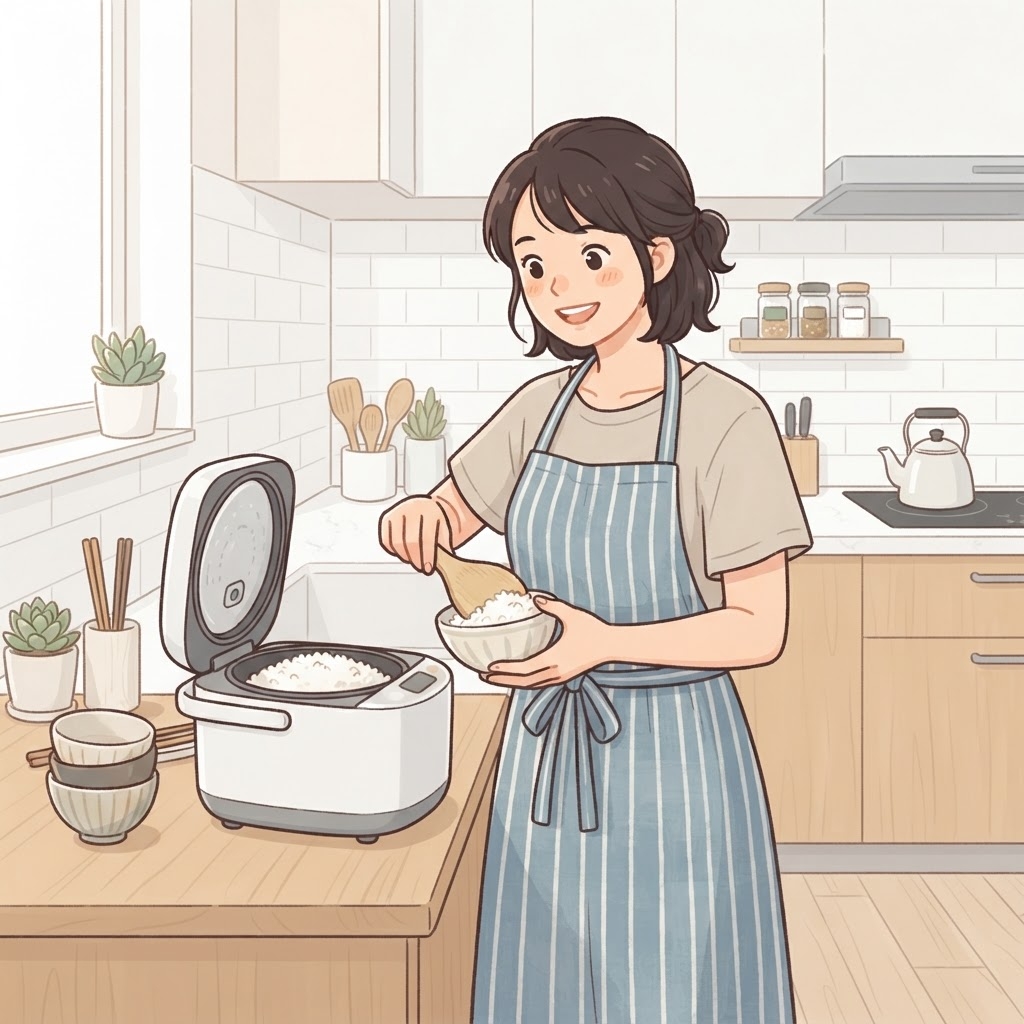 中価格帯の炊飯器で満足して炊飯する女性