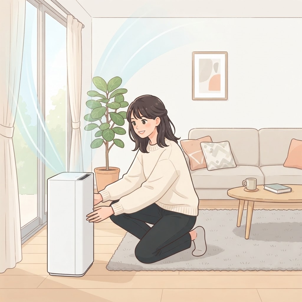 空気清浄機を風通しの良い場所に設置する女性