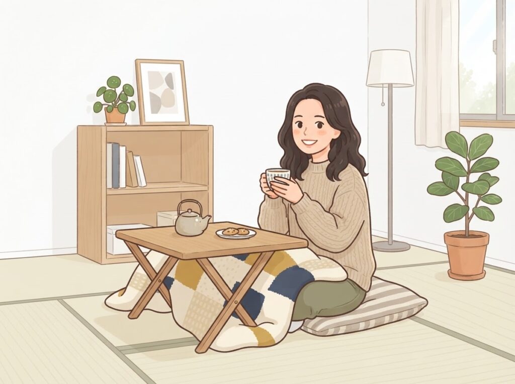 一人用の小さなこたつでくつろぐ女性