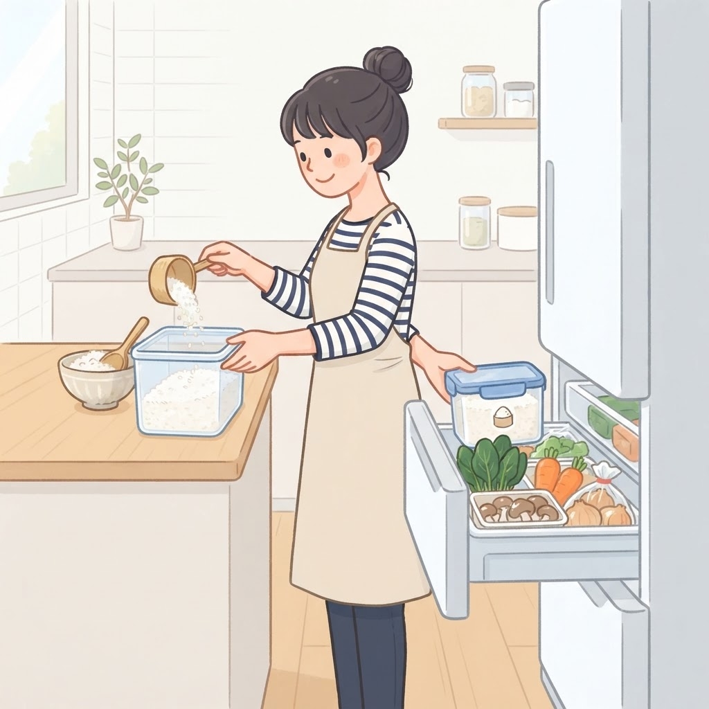 密閉米びつで米を保存する女性