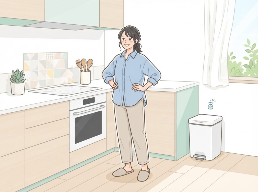 ニオイのないすっきりしたキッチンで笑顔の女性