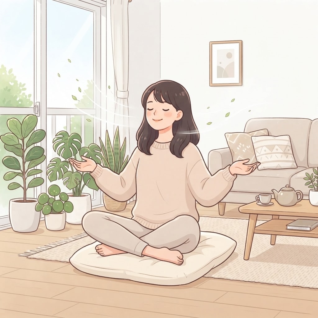 きれいな空気の部屋で深呼吸してくつろぐ女性