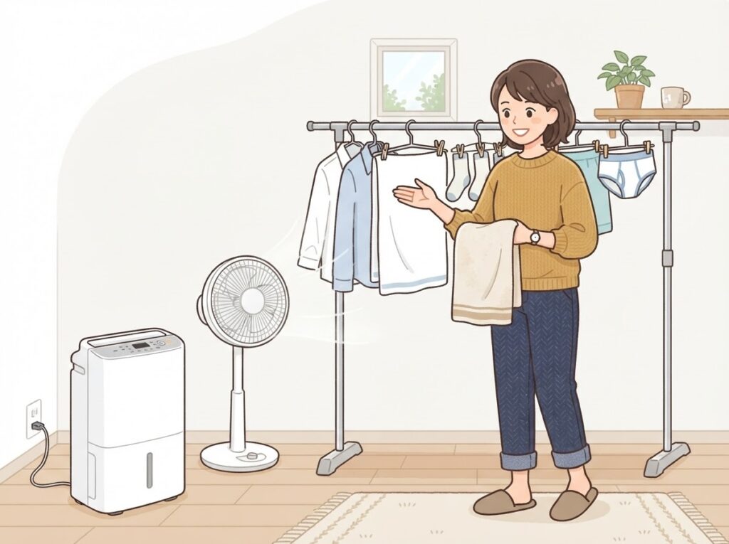 除湿機で部屋干しを早く乾かす女性