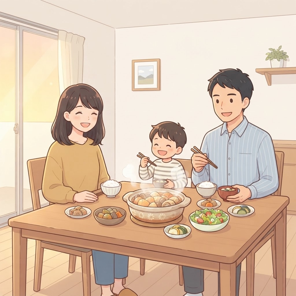 完成した料理を家族で囲む食卓