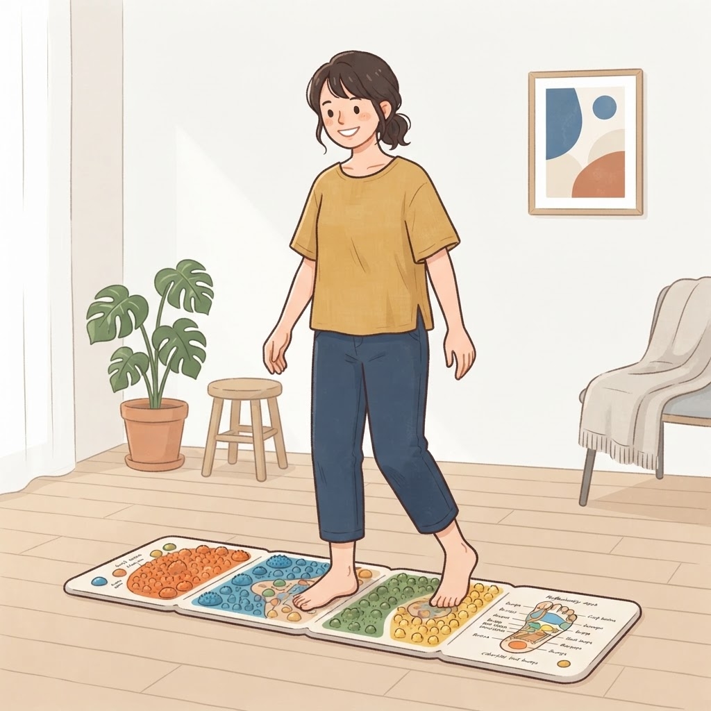 足つぼマットで足裏をケアする女性