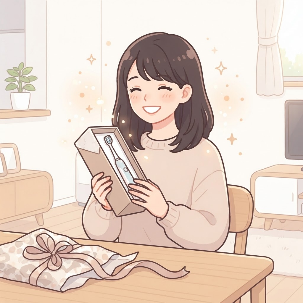 プレゼントを受け取って笑顔になる人物