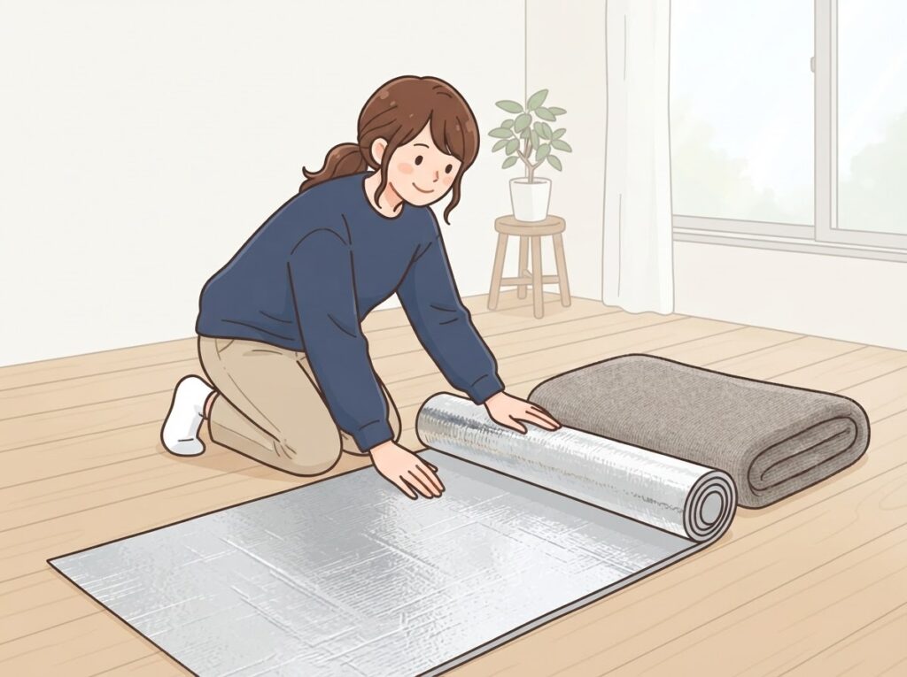 断熱シートを敷いて節電する女性