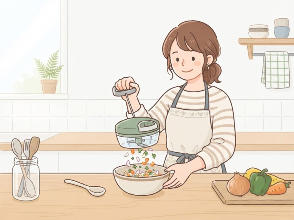 手動チョッパーで野菜を刻む女性