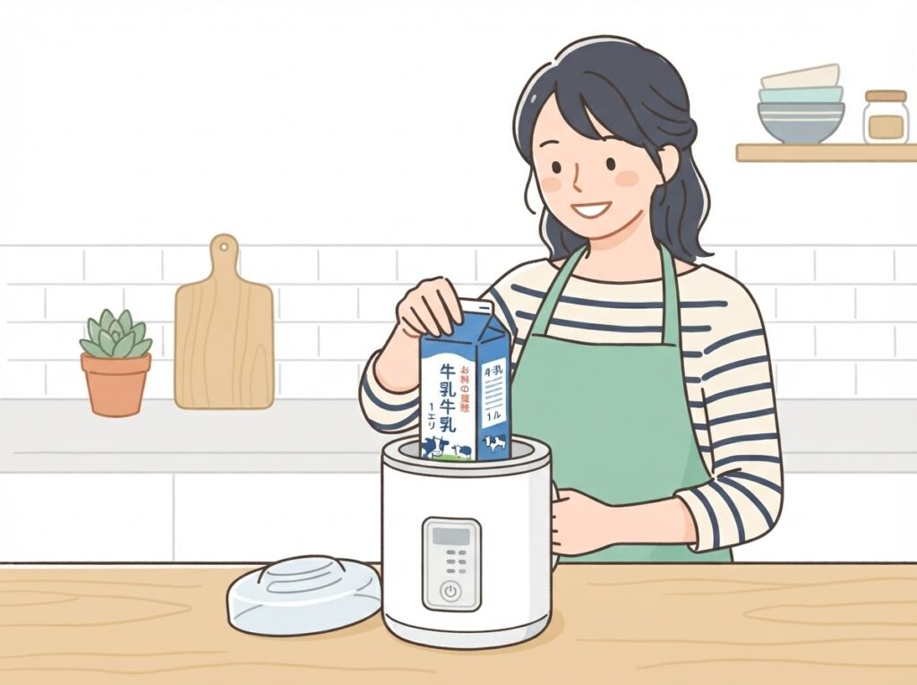 牛乳パックのままセットする女性