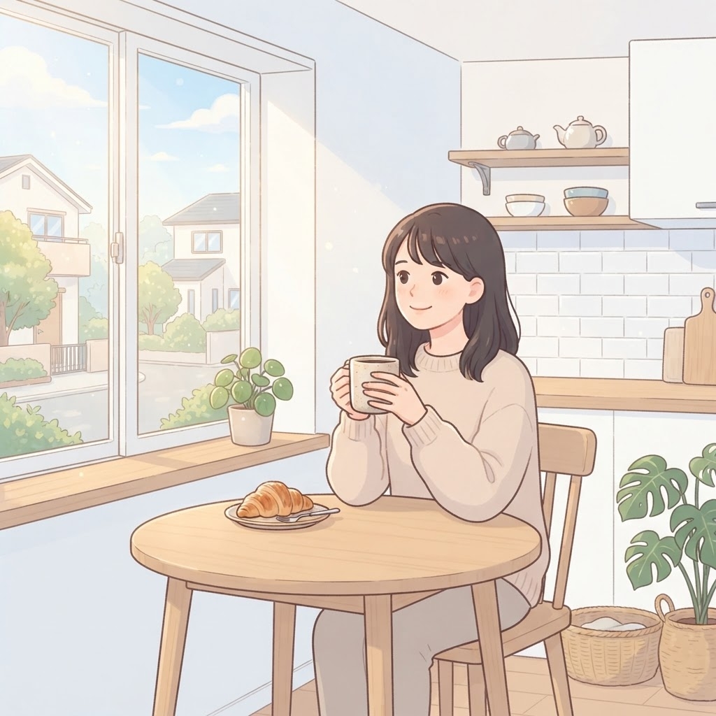 洗濯物を干さず余裕のある朝を過ごす女性