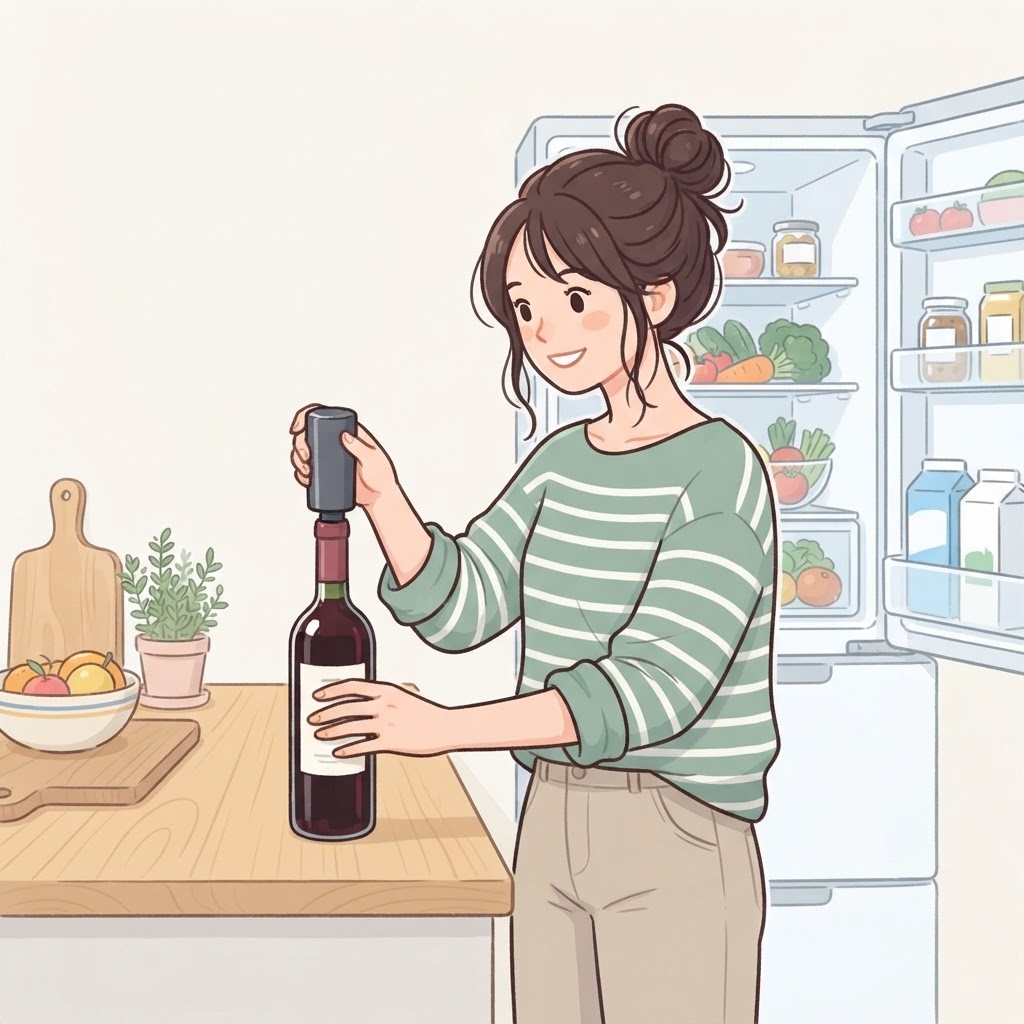 真空ストッパーでワインを保存する女性