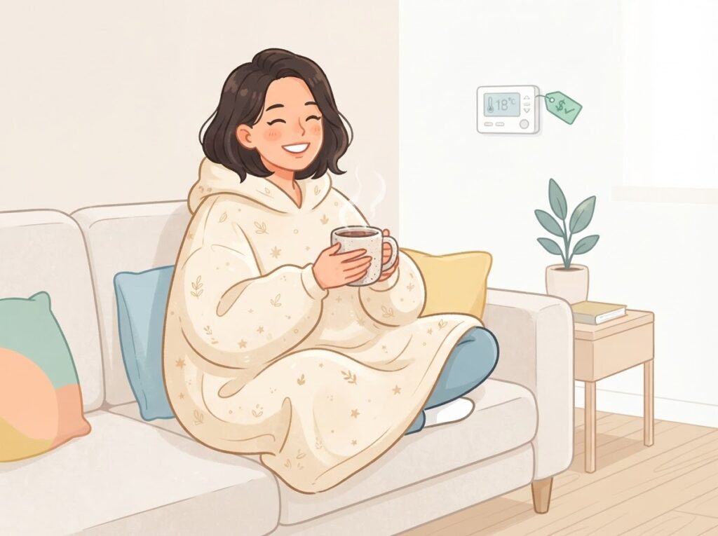 着る毛布で暖かく過ごす女性