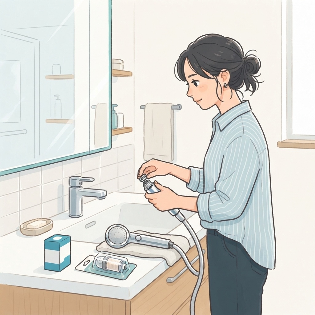 シャワーヘッドのカートリッジを交換する女性