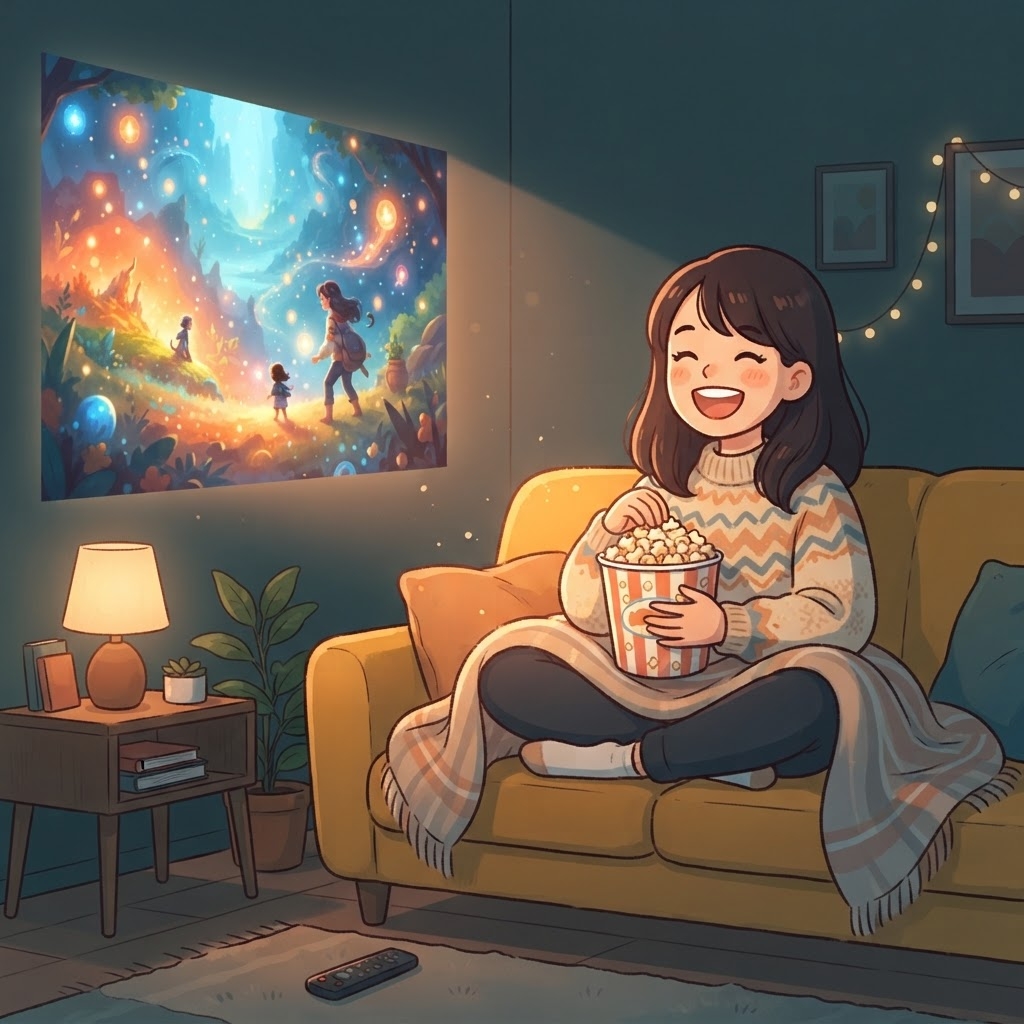 プロジェクターで映画を楽しむ女性