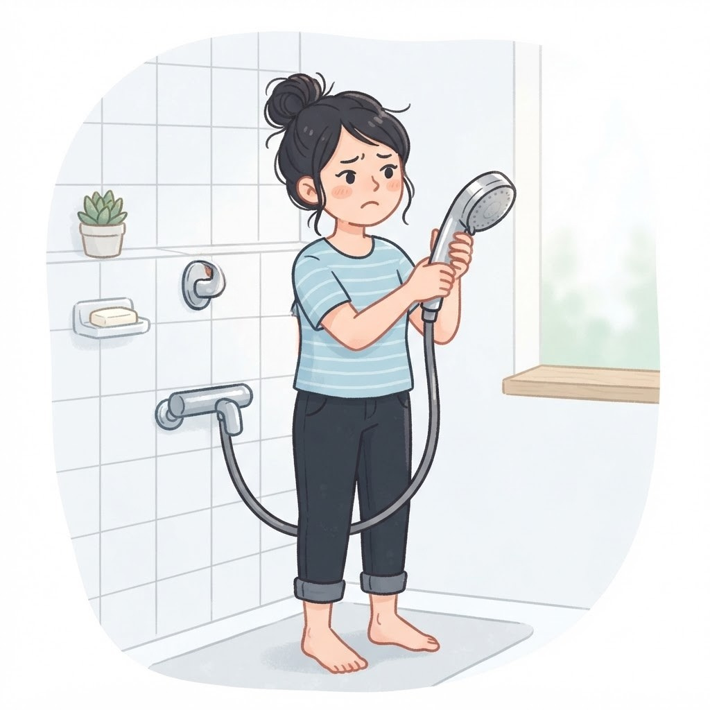シャワーヘッドがフックに合わず困る女性
